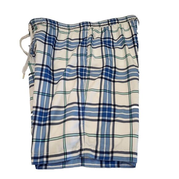 Merona Men's Large Swim Trunks Blue White Green Plaid Elastic Waist Drawstring - Picture 8 of 14